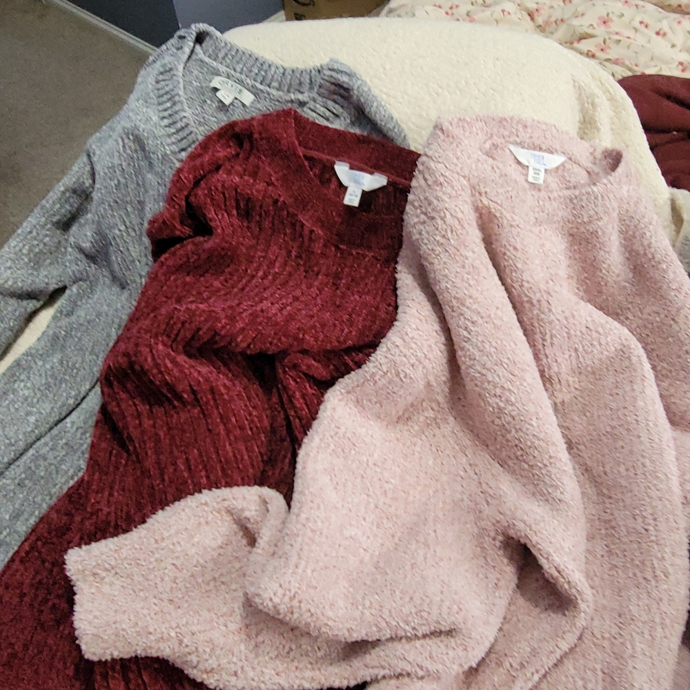 Time and Tru Women's Sweater Trio - Gray, Red, Pink